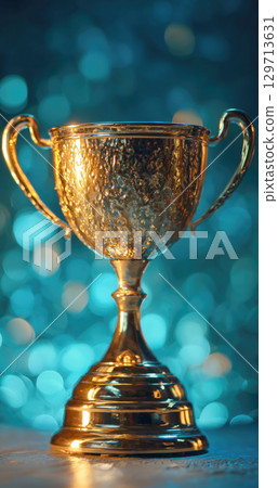 A gleaming golden trophy, richly textured with intricate details, stands prominently against a beautiful, sparkling blue bokeh background, symbolizing triumph, excellence, and reward A gleaming golden trophy, richly textured with intricate details, stands prominently against a beautiful, sparkling blue bokeh background, symbolizing triumph, excellence, and reward 129713631