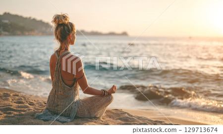 A serene woman sits in a meditative pose on beach, facing setting sun over calm ocean. Her back is to the viewer, highlighting her peaceful solitude, beauty of the tranquil coastal landscape at dusk. A serene woman sits in a meditative pose on beach, facing setting sun over calm ocean. Her back is to the viewer, highlighting her peaceful solitude, beauty of the tranquil coastal landscape at dusk. 129713674