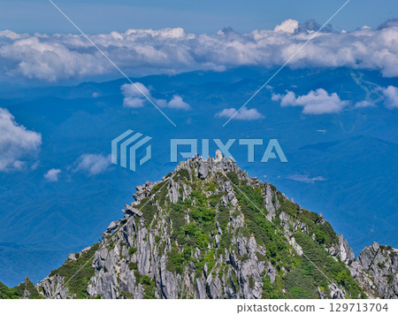 中央阿爾卑斯山的寶劍山的雄偉岩峰與雲海(鳥瞰圖) 中央阿爾卑斯山的寶劍山的雄偉岩峰與雲海(鳥瞰圖) 129713704