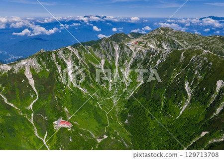 Aerial panorama overlooking Senjojiki Cirque and Mt. Hoken (Central Alps in summer) Aerial panorama overlooking Senjojiki Cirque and Mt. Hoken (Central Alps in summer) 129713708