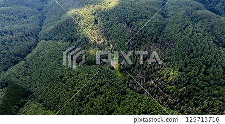 A bird's-eye view of Hyōtan Pond, hidden in the deep forest of Takabocchi Plateau 129713716
