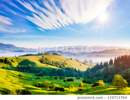 Captivating scene of the alpine valley in sunlight. Location place Carpathian, Ukraine, Europe. 129713764