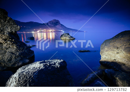 Magical Black sea in the evening light. Breathtaking scene. 129713782