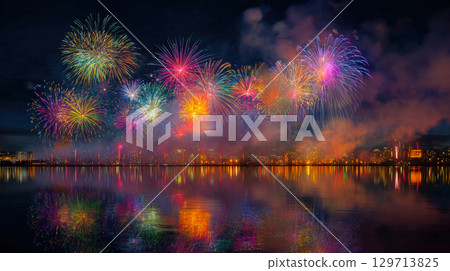 breathtaking display of colorful fireworks bursting over city skyline, with their vibrant reflections shimmering on calm water below. Concept of grand celebration, perfect for conveying joy, spectacle 129713825
