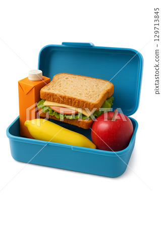 Back to school lunchbox with sandwich, juice, banana, and apple for healthy meal. Isolated on transparent background 129713845