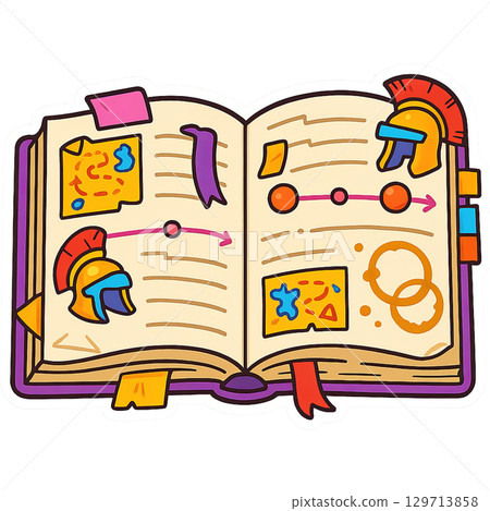 Open schoolbook illustration with colorful drawings and symbols. Isolated on transparent background 129713858