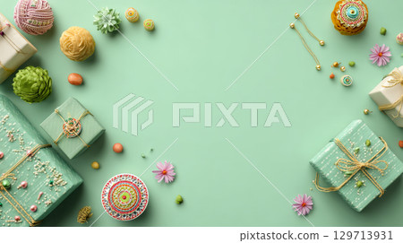 wrapped gifts, intricate ornaments, and delicate flowers arranged artfully on a soft mint green background. This cheerful composition offers ample copy space, making it ideal for holiday greetings 129713931