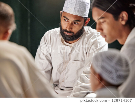 Muslim, child or men prayer to worship Allah in holy temple or mosque with gratitude as a family on Ramadan. Islamic, community or people in praying with boy or kid for Gods support, spiritual peace 129714107