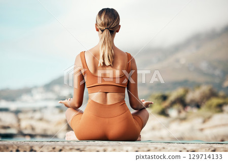 Yoga woman, outdoor meditation and mountain for peace, mindfulness or balance chakra in morning. Zen meditate, spiritual wellness and training for energy, focus or self care by mountains in Cape Town 129714133