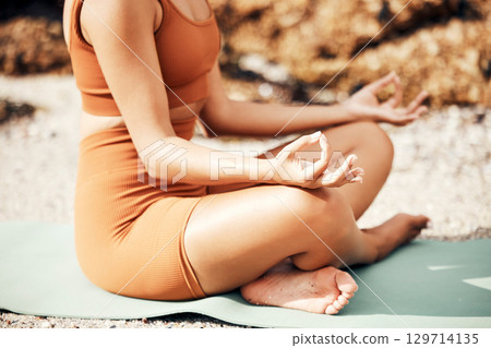 Beach meditation yoga, peace and woman meditate for chakra energy healing of soul, aura or spiritual balance. Zen freedom, pilates and girl relax for mental health, mindset wellness or mindfulness Beach meditation yoga, peace and woman meditate for chakra energy healing of soul, aura or spiritual balance. Zen freedom, pilates and girl relax for mental health, mindset wellness or mindfulness 129714135