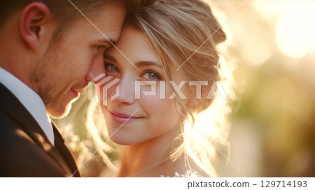 Close-up of a loving bride and groom, with the bride looking directly at the camera with a gentle smile, captured during a warm sunset. Ideal for wedding, romance, and relationship themes 129714193