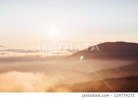 Impressive image of hills with coniferous trees in the morning light. 129714235