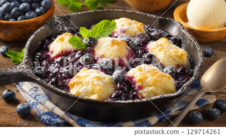 Sweet and tangy blueberry cobbler, baked to perfection with fluffy golden biscuit topping, fresh mint, and a dusting of powdered sugar, ideal for a comforting treat 129714261