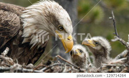 A close-up view of a powerful bald eagle attentively tending to its two fuzzy, curious chicks nestled safely within their sprawling stick nest A close-up view of a powerful bald eagle attentively tending to its two fuzzy, curious chicks nestled safely within their sprawling stick nest 129714264