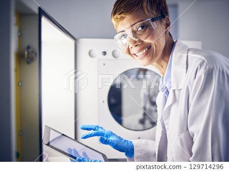 Science, tablet or lab portrait of woman with safety storage for pharmaceutical innovation, medical development or medicine research. Security safe, ppe or scientist with tech for laboratory analysis Science, tablet or lab portrait of woman with safety storage for pharmaceutical innovation, medical development or medicine research. Security safe, ppe or scientist with tech for laboratory analysis 129714296