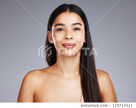 Portrait, skincare and woman with cosmetics, beauty and organic facial on grey studio background. Makeup, Latino female and girl with luxury, soft and clear skin for treatment, grooming and mock up. Portrait, skincare and woman with cosmetics, beauty and organic facial on grey studio background. Makeup, Latino female and girl with luxury, soft and clear skin for treatment, grooming and mock up. 129714321