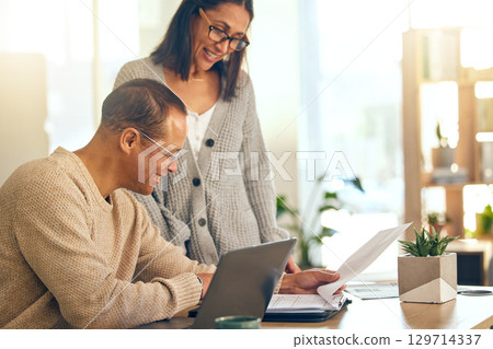 Love, retirement and senior couple with laptop, investment and pension fund planning. Retired, man and woman with search online, budget and paying debt for mortgage, insurance and finance growth. Love, retirement and senior couple with laptop, investment and pension fund planning. Retired, man and woman with search online, budget and paying debt for mortgage, insurance and finance growth. 129714337