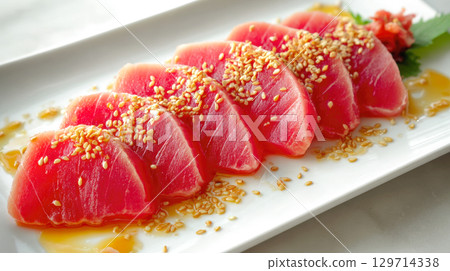 plate of tuna tataki. Slices of perfectly seared tuna, with a bright red interior, are topped with a generous sprinkle of toasted sesame seeds and a savory sauce. A healthy and elegant appetizer. plate of tuna tataki. Slices of perfectly seared tuna, with a bright red interior, are topped with a generous sprinkle of toasted sesame seeds and a savory sauce. A healthy and elegant appetizer. 129714338