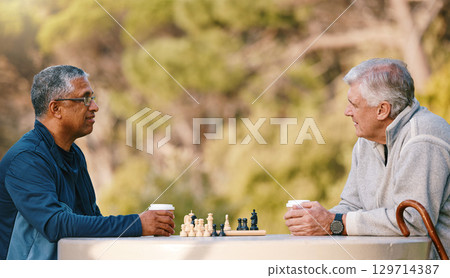 Chess, nature and retirement with senior friends playing a boardgame while bonding outdoor during summer. Park, strategy and game with a mature man and friend thinking about the mental challenge 129714387