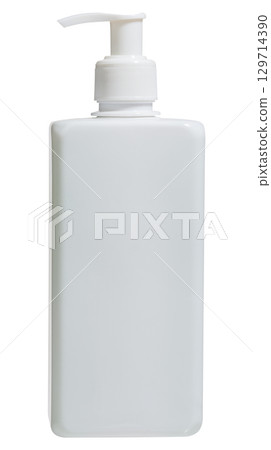 White plastic bottle with dispenser. Image isolated, template for advertising cosmetics or other hygiene products White plastic bottle with dispenser. Image isolated, template for advertising cosmetics or other hygiene products 129714390