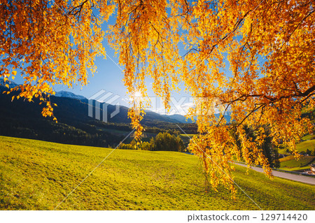 Magic image of sunny hills in Santa Magdalena village. Funes valley, Dolomite Alps. 129714420