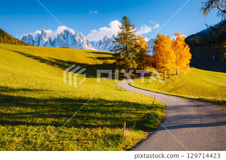Magic image of alpine hills in Santa Magdalena village. 129714423