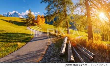 Magic image of alpine hills in Santa Magdalena village. 129714424