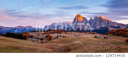 Scenic image of bright hills. Location Seiser Alm or Alpe di Siusi, South Tyrol, Italy. Scenic image of bright hills. Location Seiser Alm or Alpe di Siusi, South Tyrol, Italy. 129714438