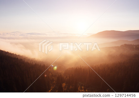 Scenic image of misty valley. Locations Carpathian national park, Ukraine. 129714456