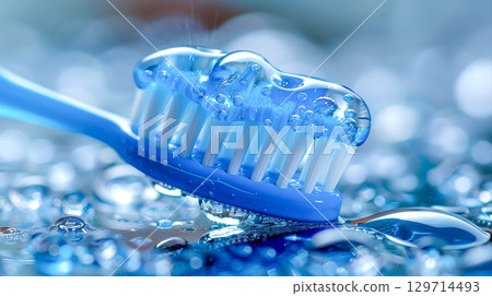 Blue toothbrush with bubbles resting on wet surface, showcasing dental hygiene and freshness 129714493