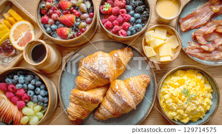 Opulent and Diverse Breakfast Spread on a Wooden Table, Featuring Fresh Croissants, Scrambled Eggs, Bacon, Berries, and Cheese in a Bright Setting 129714575