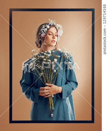 Flowers, woman and fashion in frame on studio background for abstract beauty, floral aesthetic and natural style. Model with spring plants, flower bouquet and creative cosmetics, eco makeup or peace Flowers, woman and fashion in frame on studio background for abstract beauty, floral aesthetic and natural style. Model with spring plants, flower bouquet and creative cosmetics, eco makeup or peace 129714588