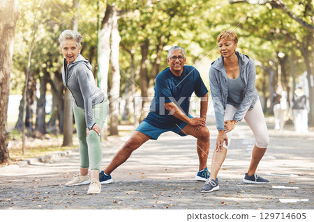 Exercise, man and women stretching, outdoor and workout for wellness, health or fitness. Group, male and females training, motivation and cardio for legs, body care or practice for marathon in nature Exercise, man and women stretching, outdoor and workout for wellness, health or fitness. Group, male and females training, motivation and cardio for legs, body care or practice for marathon in nature 129714605