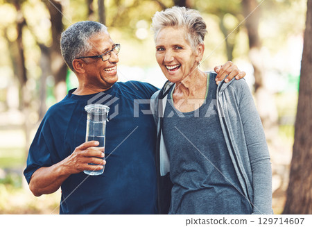 Exercise, senior couple in park and water bottle for training, workout and smile. Mature man, elderly woman and hydration for practice, cardio and energy for wellness, health and fitness in nature. 129714607