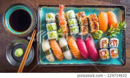 diverse sushi platter featuring various nigiri and maki rolls, including salmon, tuna, and prawn. Served with wasabi and soy sauce on a blue ceramic dish, it highlights authentic Japanese cuisine diverse sushi platter featuring various nigiri and maki rolls, including salmon, tuna, and prawn. Served with wasabi and soy sauce on a blue ceramic dish, it highlights authentic Japanese cuisine 129714632