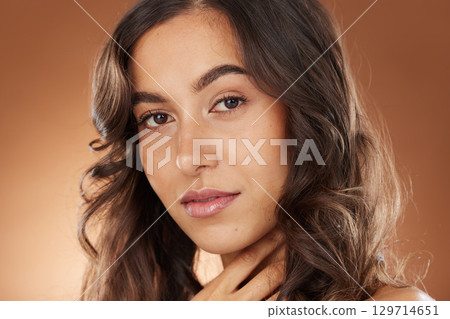 Woman, face skincare or curly hairstyle on studio background in Brazilian keratin treatment, self love or healthcare wellness. Portrait zoom, brunette color or beauty model and natural texture waves Woman, face skincare or curly hairstyle on studio background in Brazilian keratin treatment, self love or healthcare wellness. Portrait zoom, brunette color or beauty model and natural texture waves 129714651