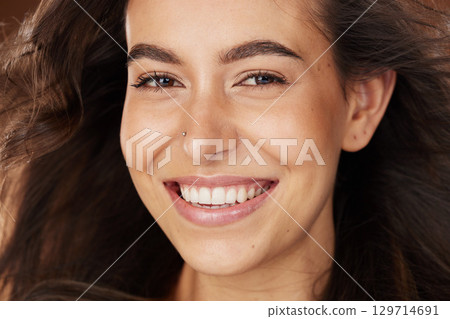 Beauty model, face skincare or hairstyle on studio background in Brazil self care, healthcare wellness or luxury haircare. Portrait, smile or happy woman and brunette color or makeup cosmetics Beauty model, face skincare or hairstyle on studio background in Brazil self care, healthcare wellness or luxury haircare. Portrait, smile or happy woman and brunette color or makeup cosmetics 129714691