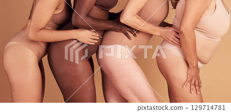 Legs, diversity and skincare of body positive women, natural beauty community and wellness on studio. Group, female models and thigh in underwear for cosmetics, healthy glow or laser aesthetics Legs, diversity and skincare of body positive women, natural beauty community and wellness on studio. Group, female models and thigh in underwear for cosmetics, healthy glow or laser aesthetics 129714781