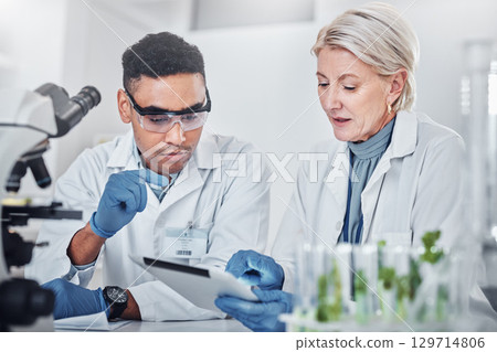 Scientist, man and woman with tablet, laboratory and ecofriendly science. Agriculture, research and scientists with online reading, test samples and innovation for global warming, analytics and tech. 129714806