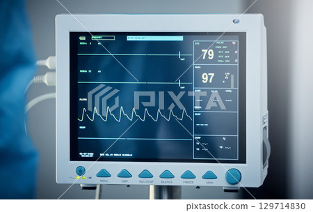 Healthcare, hospital and electrocardiogram monitor or screen. Medical tool, ecg equipment and heart rate device to measure pulse, heartbeat and electrical activity of heart for cardiovascular health. Healthcare, hospital and electrocardiogram monitor or screen. Medical tool, ecg equipment and heart rate device to measure pulse, heartbeat and electrical activity of heart for cardiovascular health. 129714830