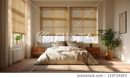 bedroom with large window, natural woven blinds. Room features comfortable bed with neutral-toned linen, two wooden nightstands, potted plant, creating calm, peaceful, stylish interior design scene 129714865