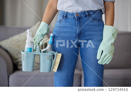 Cleaning, product or zoom, woman hands with basket for home maintenance, hygiene or living room spring cleaning. Container, tools or maid with brush, liquid spray bottle or clean supplies in hand 129714910