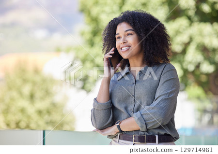 Communication, business or black woman on a phone call networking for a business deal negotiation outdoors. Our vision, worker or female manager talking, conversation or speaking of goals or mission 129714981
