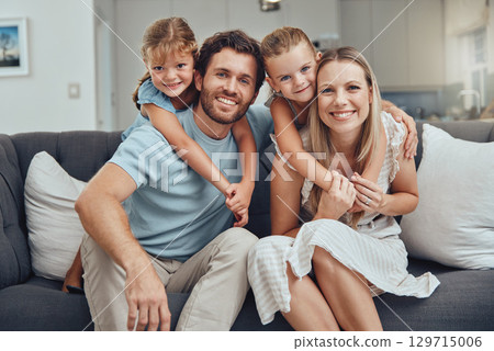 Portrait, mother and father with girls, smile and bonding on sofa for break, quality time and happiness. Love, family and parents with daughters, loving and joy for childcare, mama and dad with kids. 129715006