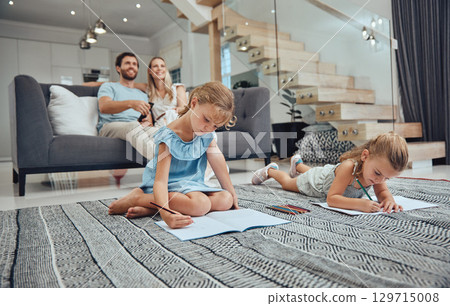 Learning, family and kids drawing in living room with parents in home. Art education, homework and creative girls sketching in books, studying on floor with mother and father sitting on sofa in house 129715008