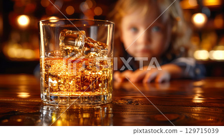 Glass of whiskey with ice cubes on wooden bar table, child reaching in background, warm ambiance Glass of whiskey with ice cubes on wooden bar table, child reaching in background, warm ambiance 129715039