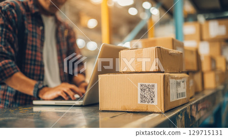 A warehouse employee is using a laptop to manage inventory and track shipments, with cardboard boxes and QR codes visible on a metal shelf. Focus is on shipping and e-commerce 129715131