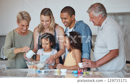 Baking, big family and kitchen cooking of grandparents, parents and girl children learning. Home, kids and interracial family with love, parent care and senior grandparent in a house making food 129715171