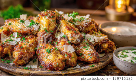 chicken wings, baked to a crispy finish, generously coated with minced garlic, parmesan cheese shavings, fresh parsley. Two small bowls of creamy dipping sauce complete this irresistible party snack. 129715185