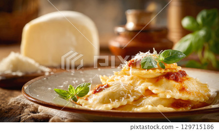 ravioli dish, generously covered in a savory tomato sauce and sprinkled with fresh parmesan cheese and basil. The image captures a gourmet, home-cooked feel perfect for a hearty dinner. 129715186